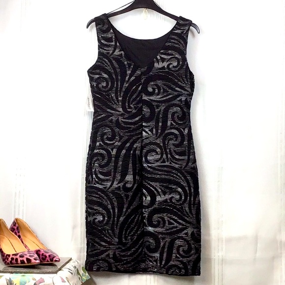 🖤Dressbarn Collection Black Silver Swirl Stretch Sleeveless Lined Knee Length - Picture 3 of 9
